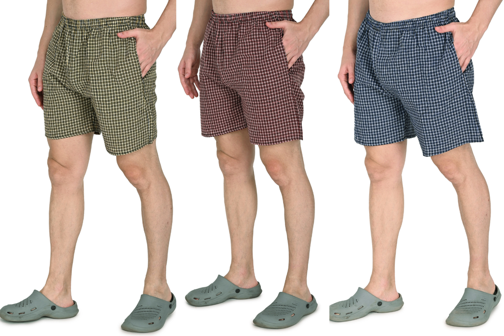 Truness Men’s Premium Check Hap Cotton Boxer Shorts – Yellow, Red & Blue Multi-Color Collection