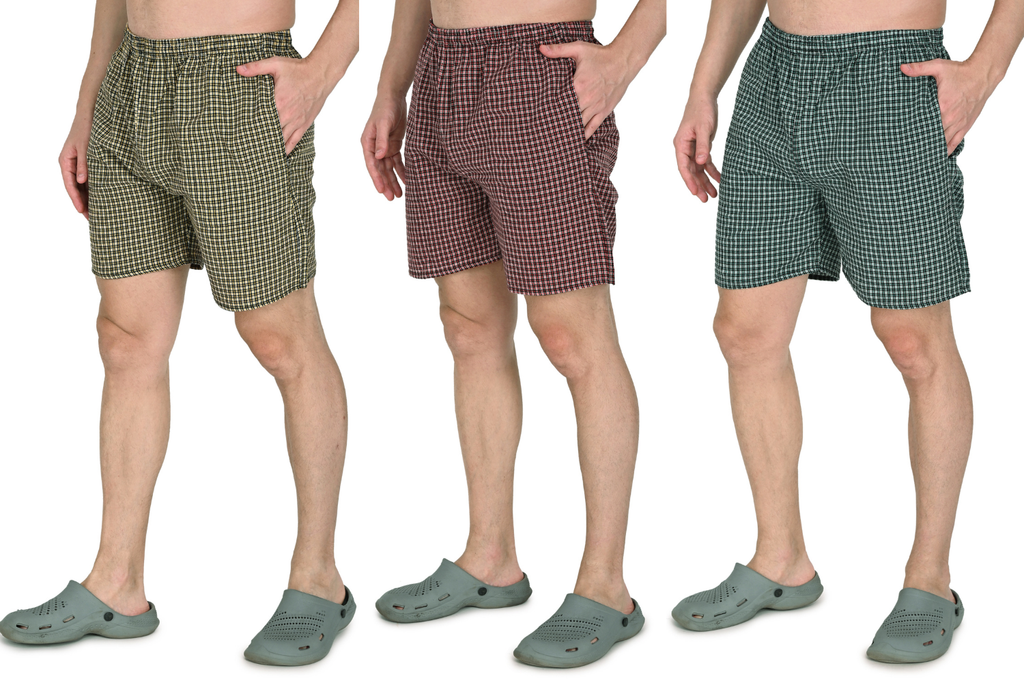 Men’s Cotton Checkered Boxer Shorts (Pack of 3) – Soft, Breathable & Regular Fit Nightwear