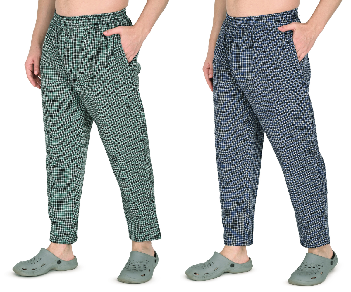 Men’s Green & Blue Checkered Cotton Jogger Pants – Soft, Breathable & Stylish Fit