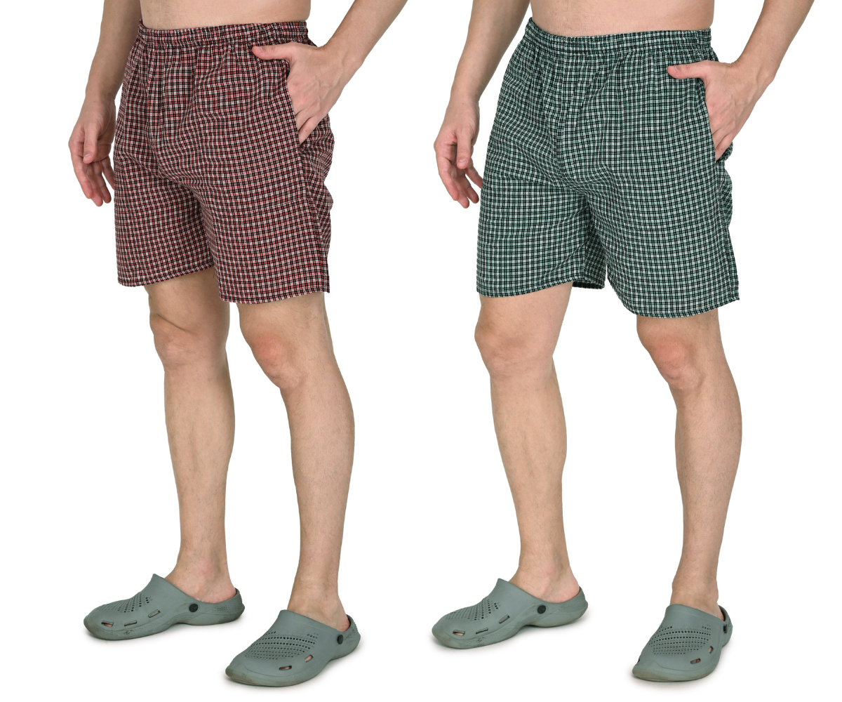 Truness Men’s Premium Check Hap Cotton Boxer Shorts – Red & Green Dual-Color Collection