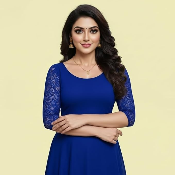 TRUNESS Cotton Lycra Round Neck Blouse, 3/4 Net Sleeve Saree Blouse, Stretchable Readymade for Women and Girls, Size 26 to 44, Indian Style