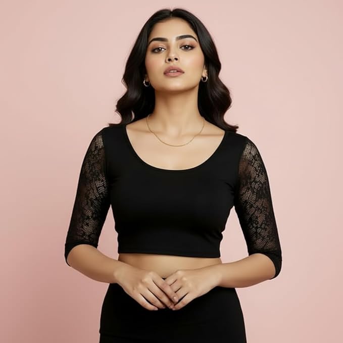 TRUNESS Cotton Lycra Round Neck Blouse, 3/4 Net Sleeve Saree Blouse, Stretchable Readymade for Women and Girls, Size 26 to 44, Indian Style