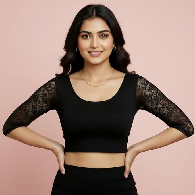 TRUNESS Cotton Lycra Round Neck Blouse, 3/4 Net Sleeve Saree Blouse, Stretchable Readymade for Women and Girls, Size 26 to 44, Indian Style