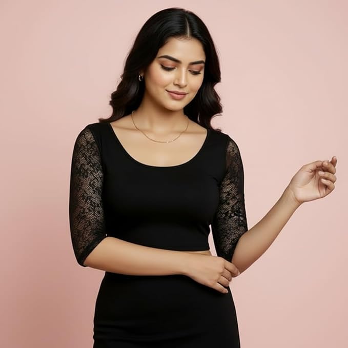 TRUNESS Cotton Lycra Round Neck Blouse, 3/4 Net Sleeve Saree Blouse, Stretchable Readymade for Women and Girls, Size 26 to 44, Indian Style