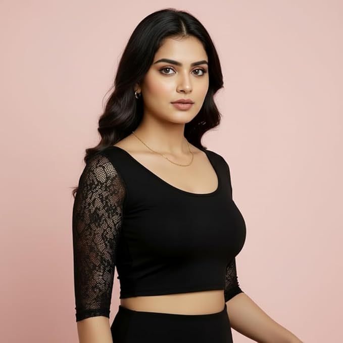 TRUNESS Cotton Lycra Round Neck Blouse, 3/4 Net Sleeve Saree Blouse, Stretchable Readymade for Women and Girls, Size 26 to 44, Indian Style