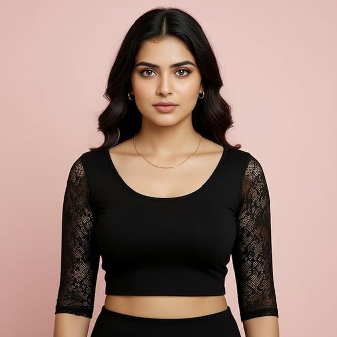 TRUNESS Cotton Lycra Round Neck Blouse, 3/4 Net Sleeve Saree Blouse, Stretchable Readymade for Women and Girls, Size 26 to 44, Indian Style