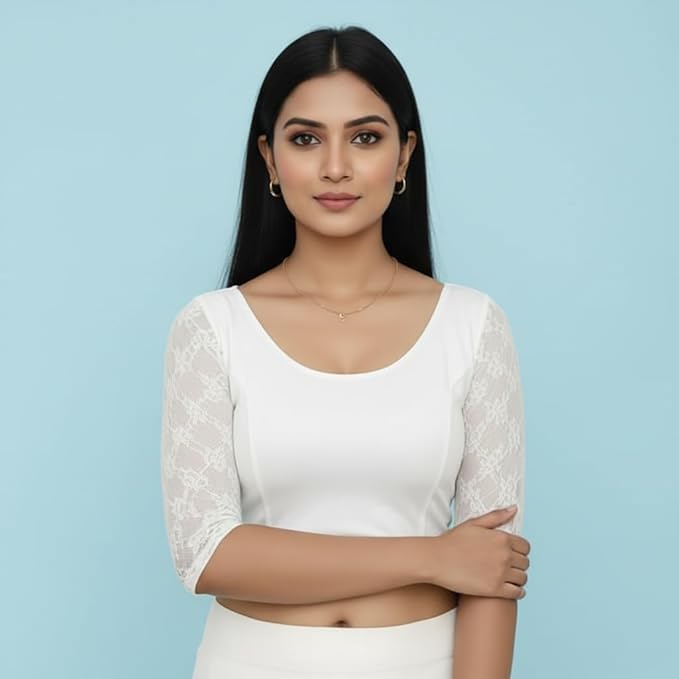 TRUNESS Cotton Lycra Round Neck Blouse, 3/4 Net Sleeve Saree Blouse, Stretchable Readymade for Women and Girls, Size 26 to 44, Indian Style