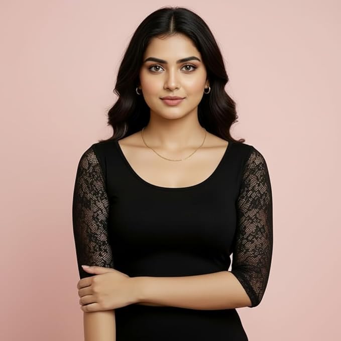 TRUNESS Cotton Lycra Round Neck Blouse, 3/4 Net Sleeve Saree Blouse, Stretchable Readymade for Women and Girls, Size 26 to 44, Indian Style