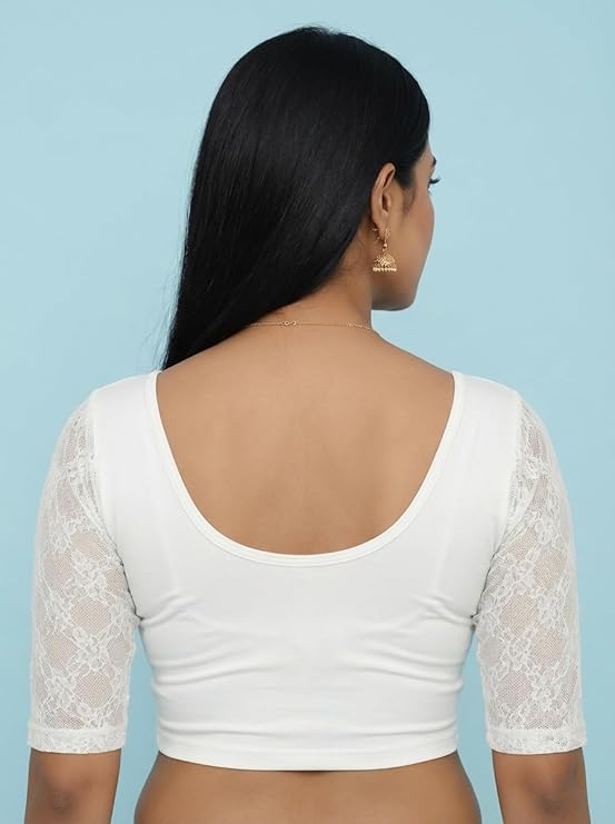 TRUNESS Cotton Lycra Round Neck Blouse, 3/4 Net Sleeve Saree Blouse, Stretchable Readymade for Women and Girls, Size 26 to 44, Indian Style