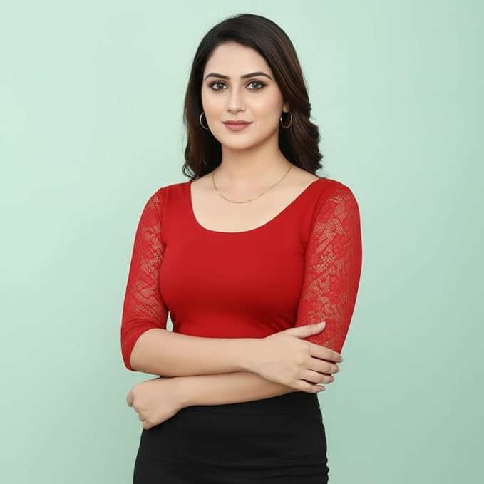 TRUNESS Cotton Lycra Round Neck Blouse, 3/4 Net Sleeve Saree Blouse, Stretchable Readymade for Women and Girls, Size 26 to 44, Indian Style