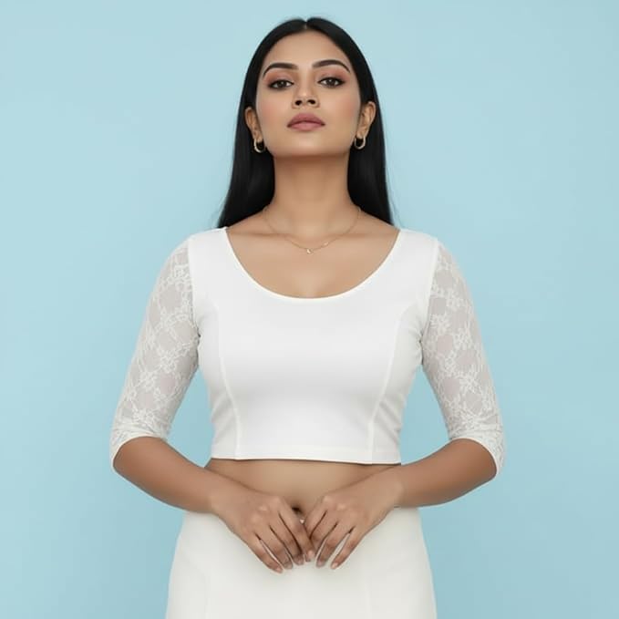 TRUNESS Cotton Lycra Round Neck Blouse, 3/4 Net Sleeve Saree Blouse, Stretchable Readymade for Women and Girls, Size 26 to 44, Indian Style