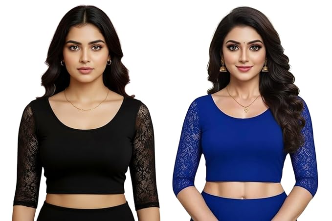 TRUNESS Cotton Lycra Round Neck Blouse, 3/4 Net Sleeve Saree Blouse, Stretchable Readymade for Women and Girls, Size 26 to 44, Indian Style