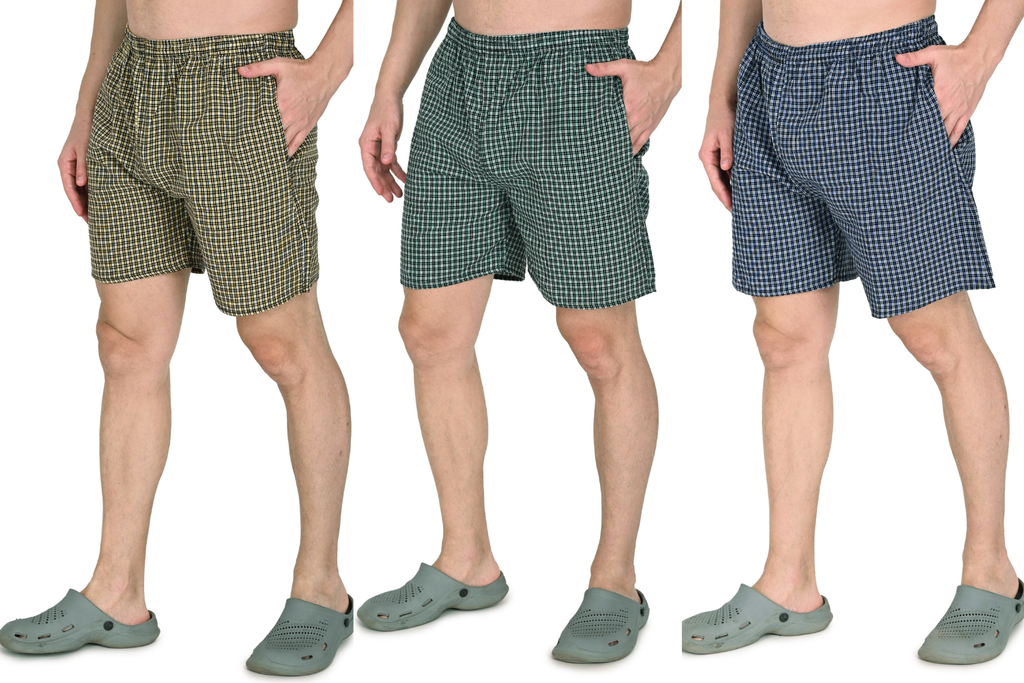 Truness Men’s Premium Check Hap Cotton Boxer Shorts – Yellow, Green & Blue Multi-Color Collection
