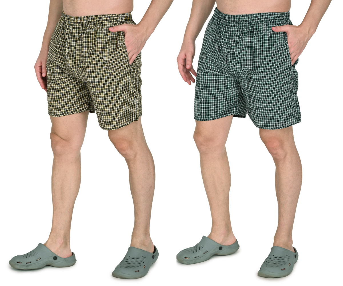 Truness Men’s Premium Check Hap Cotton Boxer Shorts – Yellow & Green Dual-Color Collection