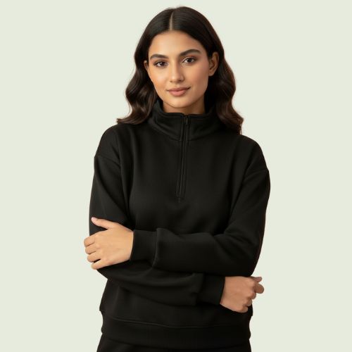 Women’s Premium Black Quarter-Zip Sweatshirt | Soft Fleece | Winter Casual Wear