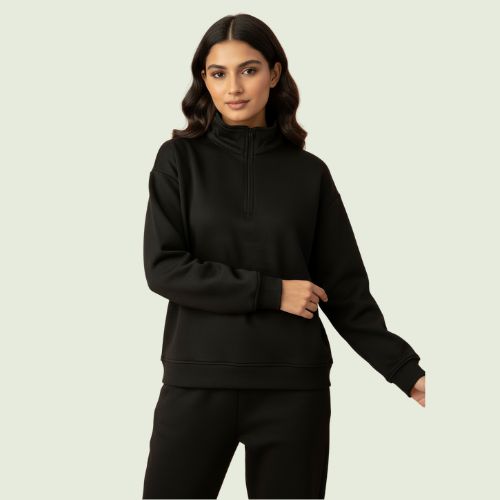 Women’s Premium Black Quarter-Zip Sweatshirt | Soft Fleece | Winter Casual Wear